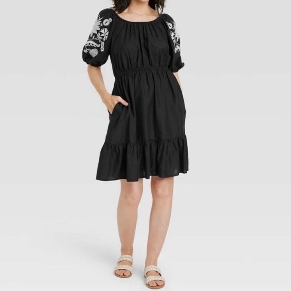 Knox Rose Embroidered Puff Sleeve Midi Dress‎ Size Large Black